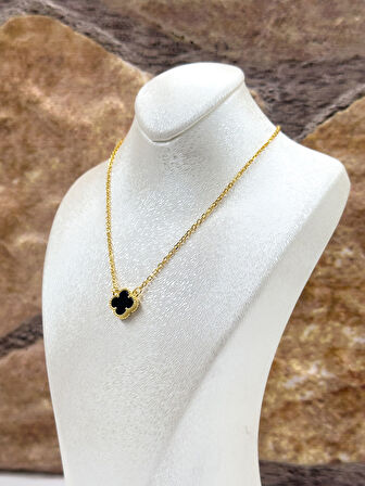 Gold Renk Siyah Onix Taşlı Yonca Kadın Gümüş Kolye - Onix Kolye
