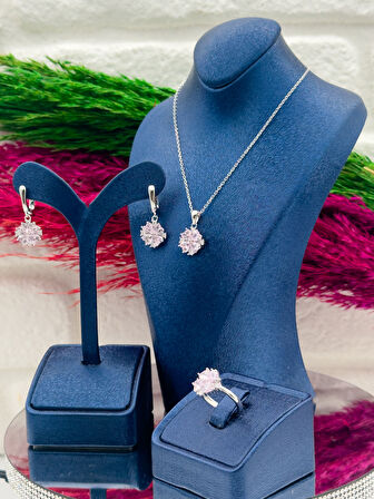 925 Ayar Gümüş Pembe Kuvars Taşlı Özel Tasarım 3’lü Zarif Kadın Takı Seti