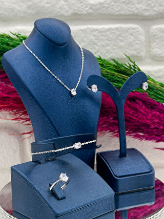 925 Ayar Gümüş Zirkon Taşlı Oval Model 4’lü Popüler Kadın Takı Seti