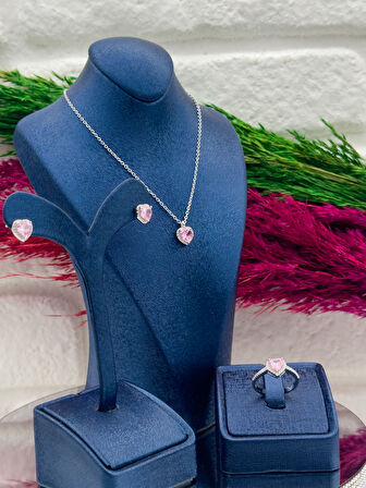 925 Ayar Gümüş Pembe Kuvars Taşlı Özel Tasarım 3’lü Trend Kadın Takı Seti