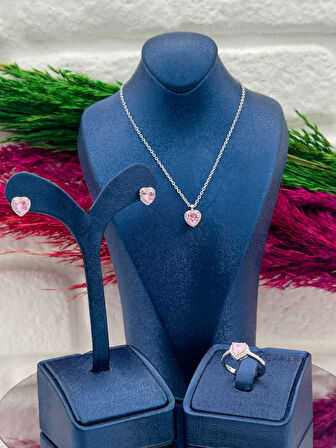 925 Ayar Gümüş Pembe Kuvars Taşlı Özel Tasarım 3’lü Trend Kadın Takı Seti