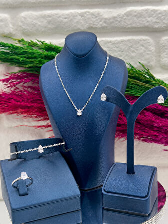 925 Ayar Gümüş Özel Tasarım 4’lü Damla Modeli Lüks Kadın Takı Seti