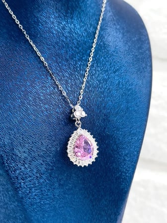 925 Ayar Gümüş Pırlanta Montür Pembe Kuvars Taşlı Kadın Kolye