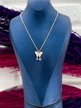925 Ayar Gümüş Gold Kaplama Kelebek Pembe Mineli Zarif Kadın Kolye