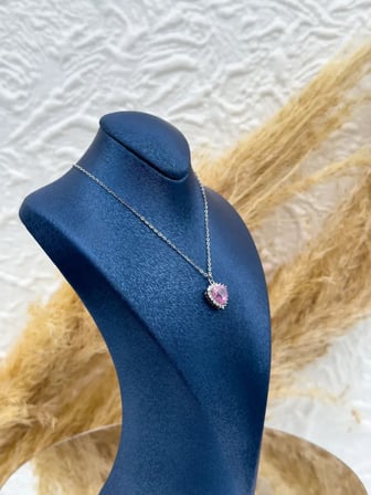 925 Ayar Gümüş Pembe Kuvars Taşlı Kalp Romantik Kadın Kolye