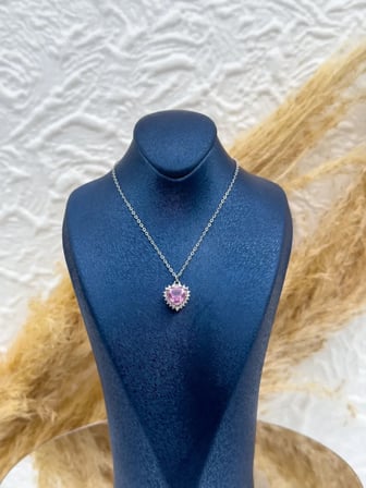 925 Ayar Gümüş Pembe Kuvars Taşlı Kalp Romantik Kadın Kolye