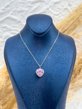 925 Ayar Gümüş Pembe Kuvars Taşlı Kalp Romantik Kadın Kolye