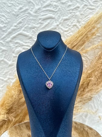 925 Ayar Gümüş Pembe Kuvars Taşlı Kalp Romantik Kadın Kolye