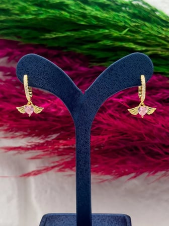 925 Ayar Gümüş Gold Kaplama Pembe Kuvars Taşlı Melek Kanadı Kalp Lüks Kadın Küpe