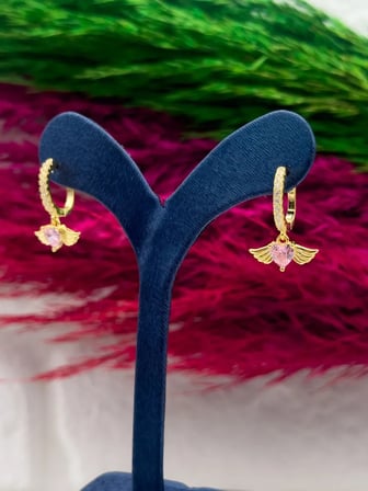 925 Ayar Gümüş Gold Kaplama Pembe Kuvars Taşlı Melek Kanadı Kalp Lüks Kadın Küpe
