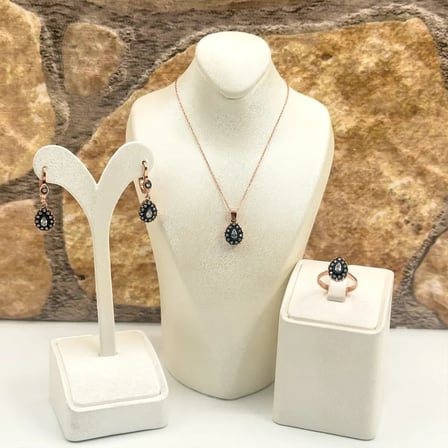 925 Ayar Gümüş Rose Gold Kaplama Elmas Montür Zirkon Taşlı Damla Kadın Takı Seti