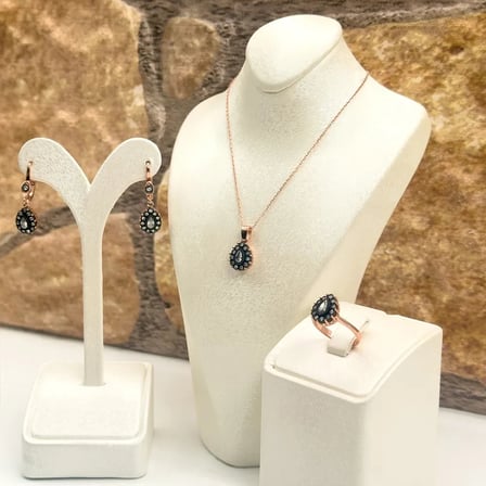 925 Ayar Gümüş Rose Gold Kaplama Elmas Montür Zirkon Taşlı Damla Kadın Takı Seti