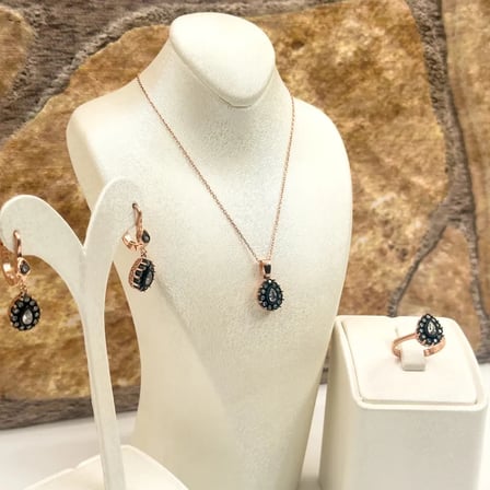 925 Ayar Gümüş Rose Gold Kaplama Elmas Montür Zirkon Taşlı Damla Kadın Takı Seti