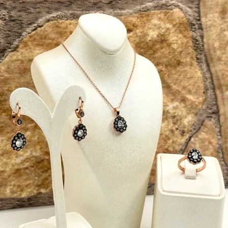 925 Ayar Gümüş Rose Gold Kaplama Elmas Montür Zirkon Taşlı Damla Spor Kadın Takı Seti