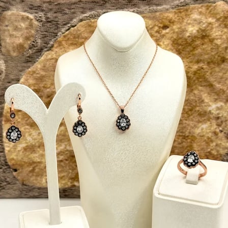 925 Ayar Gümüş Rose Gold Kaplama Elmas Montür Zirkon Taşlı Damla Spor Kadın Takı Seti