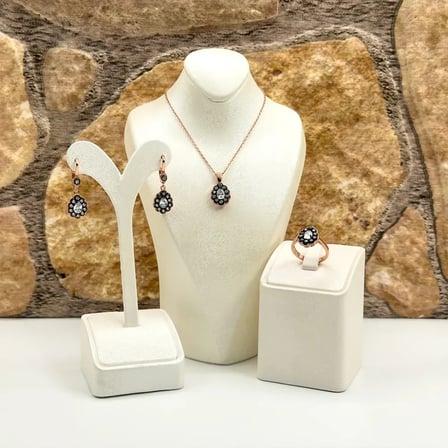 925 Ayar Gümüş Rose Gold Kaplama Elmas Montür Zirkon Taşlı Damla Spor Kadın Takı Seti