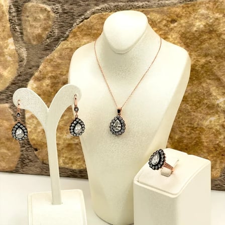 925 Ayar Gümüş Rose Gold Kaplama Elmas Montür Zirkon Taşlı Damla Zarif Kadın Takı Seti