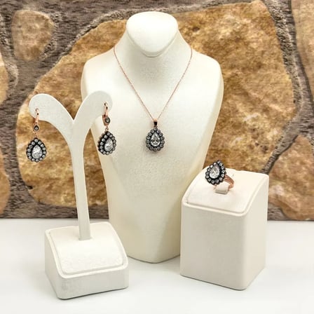 925 Ayar Gümüş Rose Gold Kaplama Elmas Montür Zirkon Taşlı Damla Zarif Kadın Takı Seti