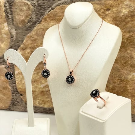 925 Ayar Gümüş Rose Gold Kaplama Elmas Montür Zirkon Taşlı Gül Zarif Kadın Takı Seti