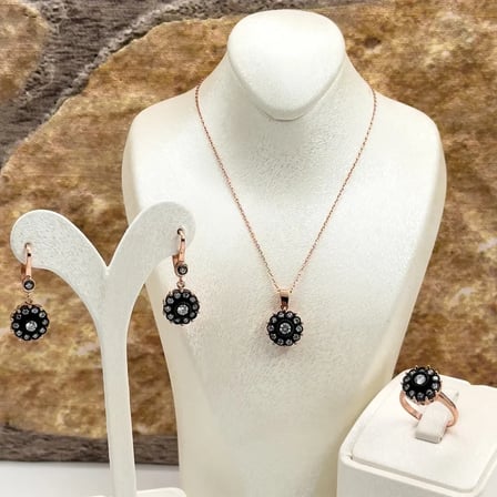 925 Ayar Gümüş Rose Gold Kaplama Elmas Montür Zirkon Taşlı Gül Zarif Kadın Takı Seti
