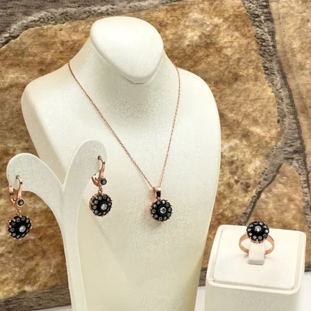 925 Ayar Gümüş Rose Gold Kaplama Elmas Montür Zirkon Taşlı Gül Zarif Kadın Takı Seti