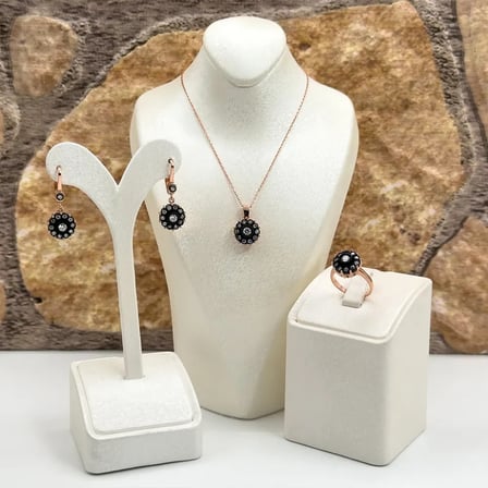 925 Ayar Gümüş Rose Gold Kaplama Elmas Montür Zirkon Taşlı Gül Zarif Kadın Takı Seti
