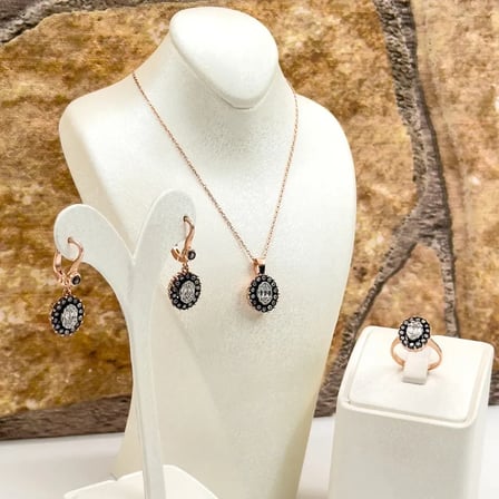925 Ayar Gümüş Rose Gold Kaplama Elmas Montür Zirkon Taşlı Oval Spor Kadın Takı Seti