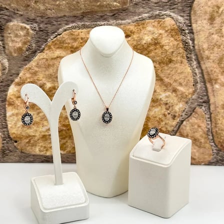925 Ayar Gümüş Rose Gold Kaplama Elmas Montür Zirkon Taşlı Oval Spor Kadın Takı Seti