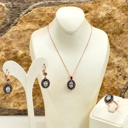 925 Ayar Gümüş Rose Gold Kaplama Elmas Montür Zirkon Taşlı Oval Spor Kadın Takı Seti