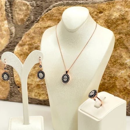 925 Ayar Gümüş Rose Gold Kaplama Elmas Montür Zirkon Taşlı Oval Spor Kadın Takı Seti