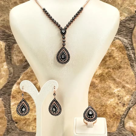 925 Ayar Gümüş Rose Gold Kaplama Elmas Montür Zirkon Taşlı Özel Tasarım Şık Kadın Takı Seti