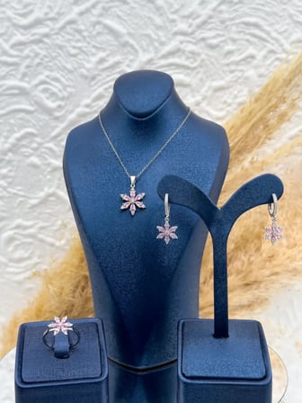 925 Ayar Gümüş Pembe Kuvars Taşlı 3'lü Lotus Çiçeği Kadın Takı Seti