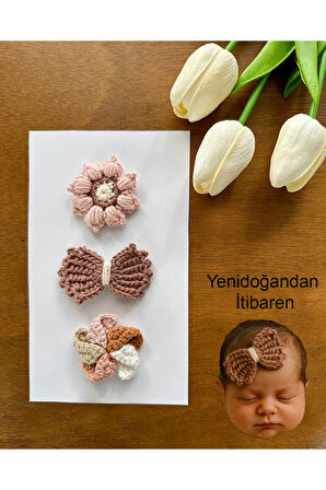 Yenidoğan Bebek Tokası El Emeği 3'lü Klips Saçsız Bebek Toka Seti