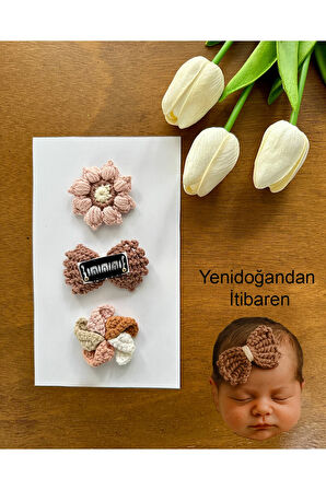 Yenidoğan Bebek Tokası El Emeği 3'lü Klips Saçsız Bebek Toka Seti