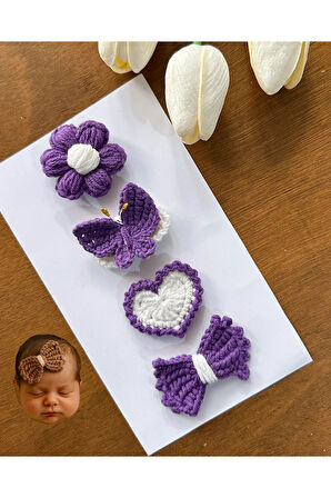 Yenidoğan Bebek Tokası El Emeği Karma 4'lü Set Saçsız Mor Bebek Toka Seti