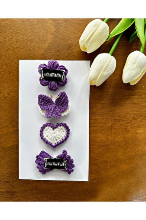 Yenidoğan Bebek Tokası El Emeği Karma 4'lü Set Saçsız Mor Bebek Toka Seti