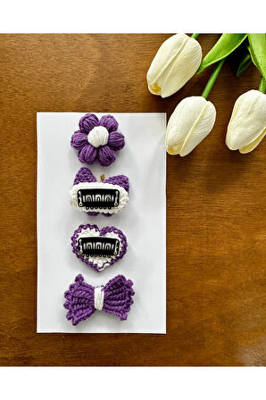 Yenidoğan Bebek Tokası El Emeği Karma 4'lü Set Saçsız Mor Bebek Toka Seti