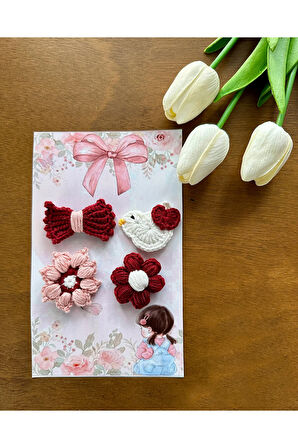 Yenidoğan Bebek Tokası El Emeği Karma 4'lü Set Saçsız Kırmızı Bebek Toka Seti