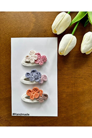 Saç Tokası Özel Çiçek Tasarım Handmade 3'lü Çıt Çıt Toka Seti