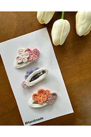 Saç Tokası Özel Çiçek Tasarım Handmade 3'lü Çıt Çıt Toka Seti