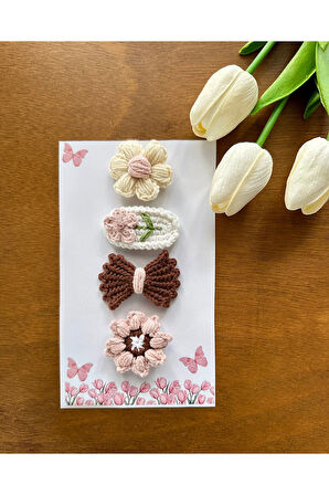 Yenidoğan Bebek Tokası El Emeği Karma 4'lü Set Saçsız Kahve Bebek Toka Seti