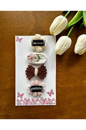 Yenidoğan Bebek Tokası El Emeği Karma 4'lü Set Saçsız Kahve Bebek Toka Seti