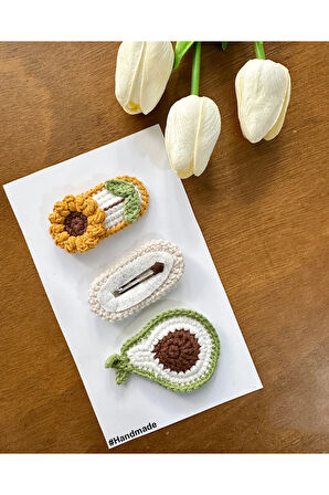 Saç Tokası Özel Tasarım Güneş,Çiçek,Avakado Handmade 3'lü Çıt Çıt Toka Seti