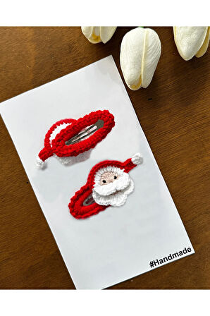 Saç Tokası Özel Yılbaşı Noel Baba Tasarımı Handmade 2'li Çıt Çıt Toka Seti