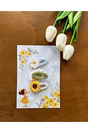 Saç Tokası Özel Çiçek Tasarımı Handmade 3'lü Çıt Çıt Toka Seti