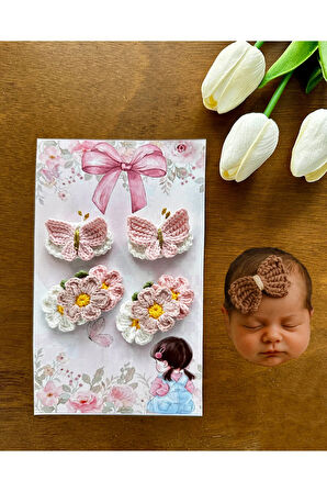 Yenidoğan Bebek Tokası El Emeği 4'lü Karma Klips Saçsız Bebek Toka Seti