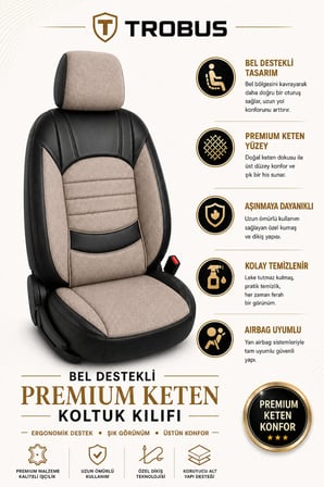 Ford Focus Sedan 2011-2018 Uyumlu Levante Serisi Bel Destekli Keten Bej Siyah Koltuk Kılıfı