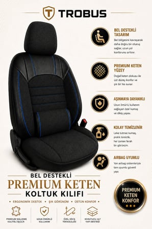 VW Jetta 2010+ Uyumlu Levante Serisi Bel Destekli Keten Füme Mavi Koltuk Kılıfı