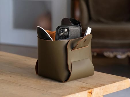Hakiki Eskitme Deri Mini Saklama Sepeti - El Yapımı Masaüstü & Banyo Organizerı