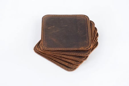 Hakiki Eskitme Deri Kare 6'lı Bardak Altlığı Seti - El Yapımı Dikişli Deri Bardak Altlığı 10 x 10 cm Kahverengi